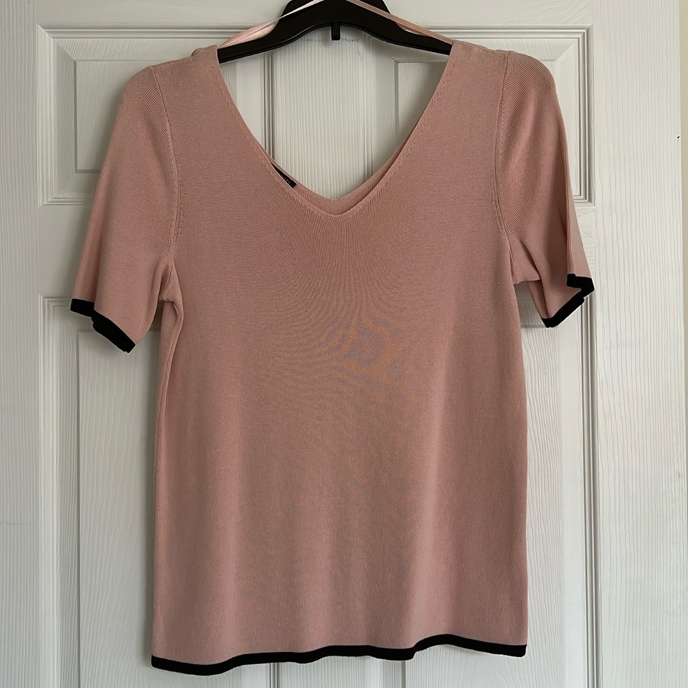 Talbots Sweater Top Classic Short Sleeve V-Neck Pink with Black Trim X